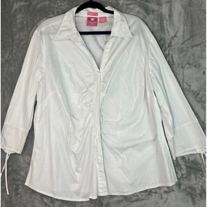 Andrew & Co. Womens 3/4 Sleeve Plus 2X White Button Down Cinched Blouse